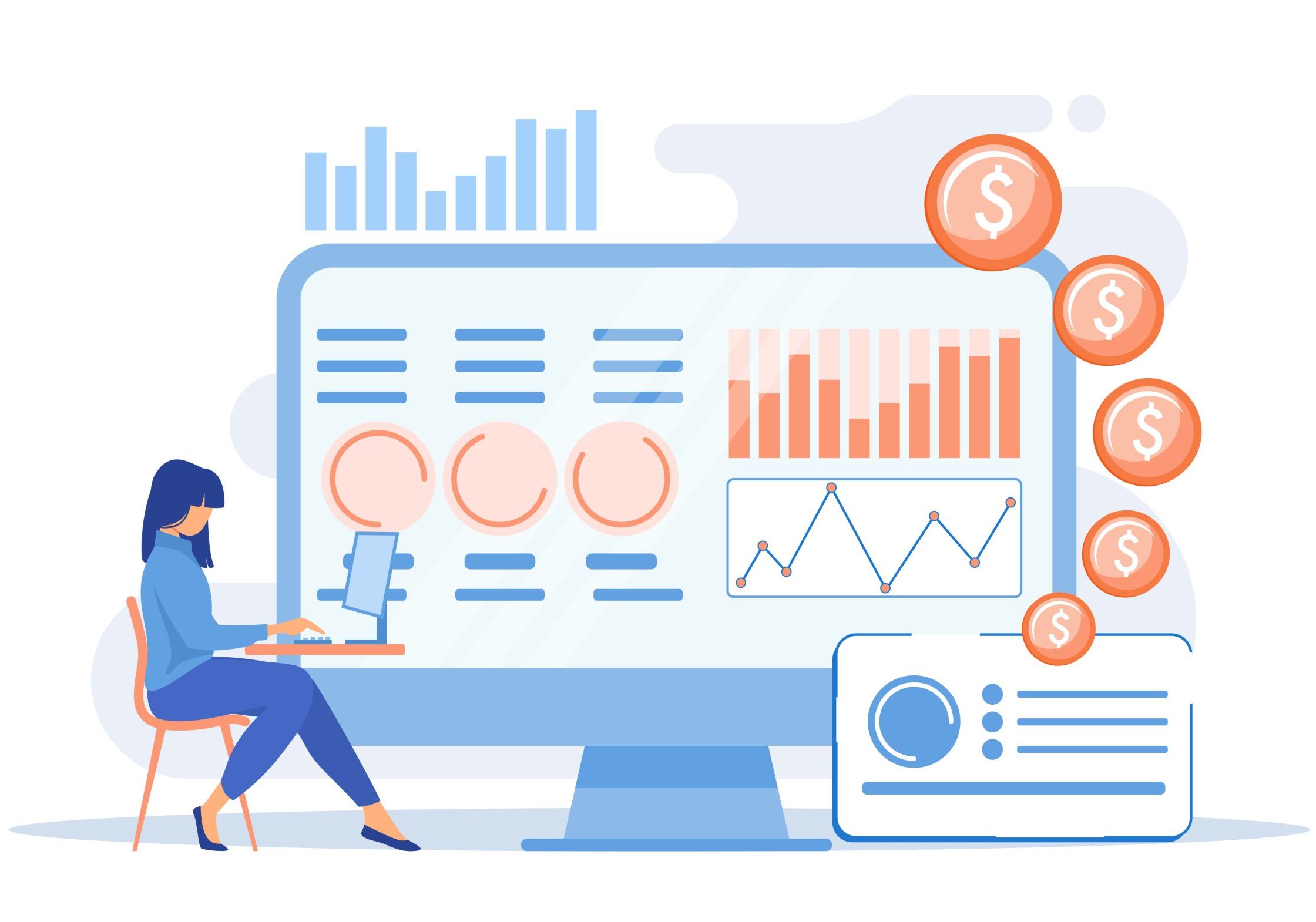 Data analyst consolidating financial information and reports on computer. Financial data management, financial software, digital data report concept. vector illustration